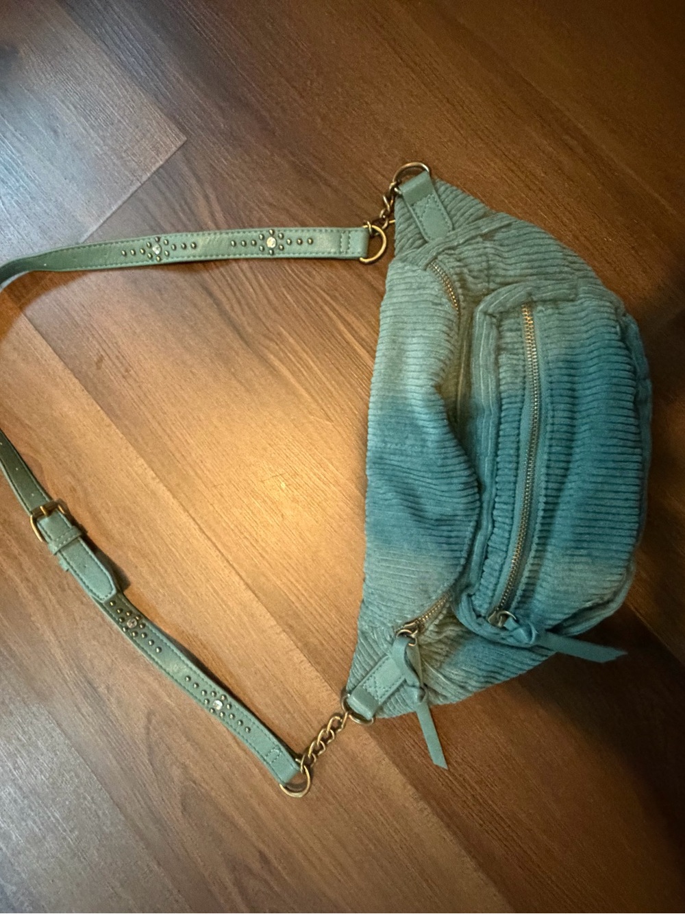 Teal Corduroy Crossbody Bag with Studded Strap